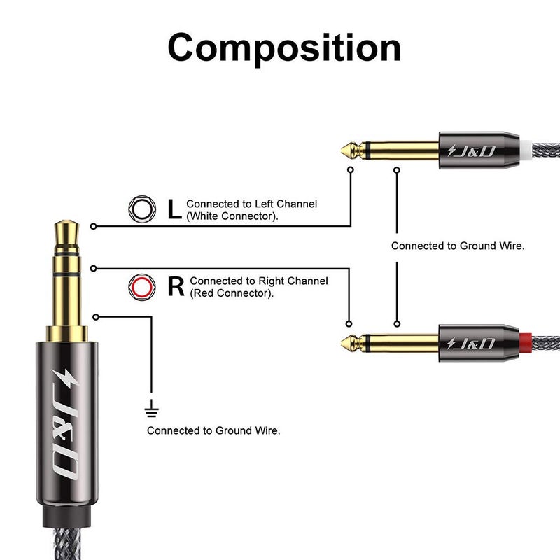 J&D 1/8 to 1/4 Stereo Cable, 3.5mm TRS to Dual 6.35mm TS Breakout Cable Y Splitter Cord for Amplifiers/Audio Mixer/Audio Recorder/MP3/MP4, Nylon Braid, Gold Plated Copper Shell, 25 Feet - Image 2